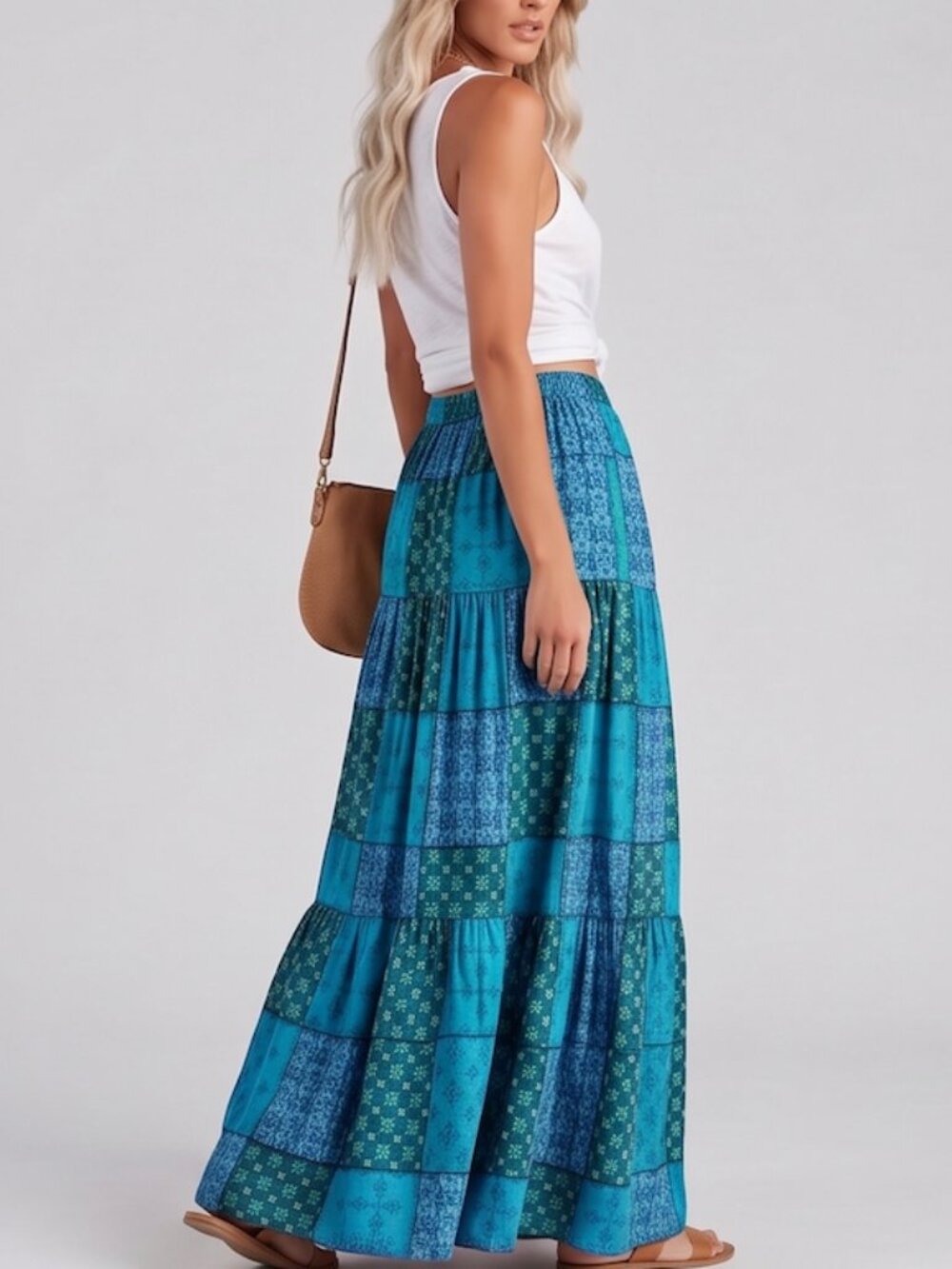 Boho Patchwork Print Maxi Skirt Blue - Picture 2 of 10